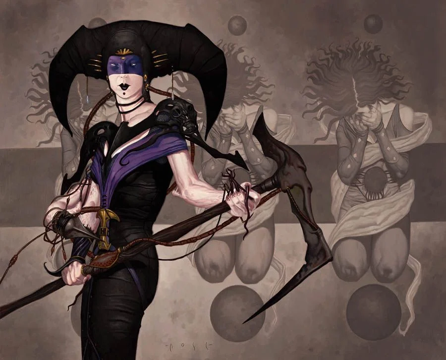 Painting of a pale figure in black and violet regalia holding a scythe, with ghostly kneeling figures behind.